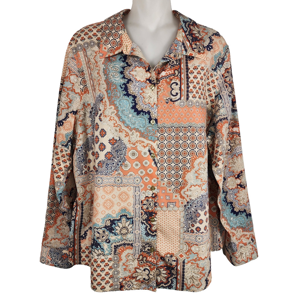 Chico's Effortless Giana Multicolor Paisley No Iron Button Shirt Whimsy Tiles XL